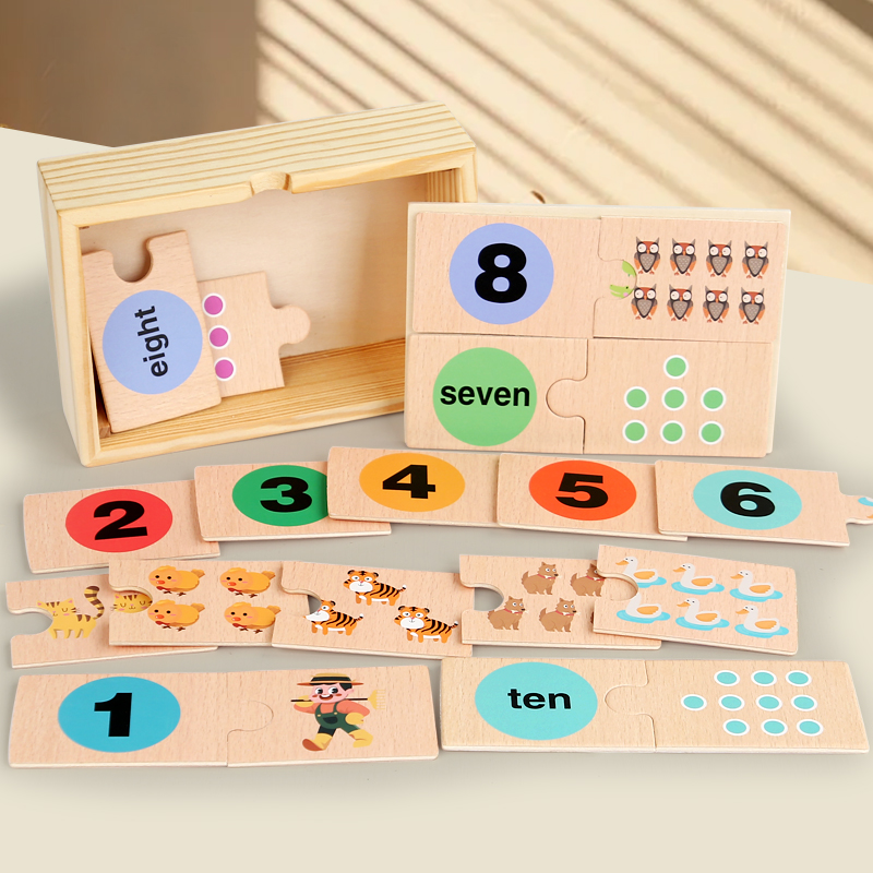 Children's wooden early education mathematics teaching AIDS English digital graphics cognition kindergarten baby enlightenment puzzle toy box number matching game Item Picture