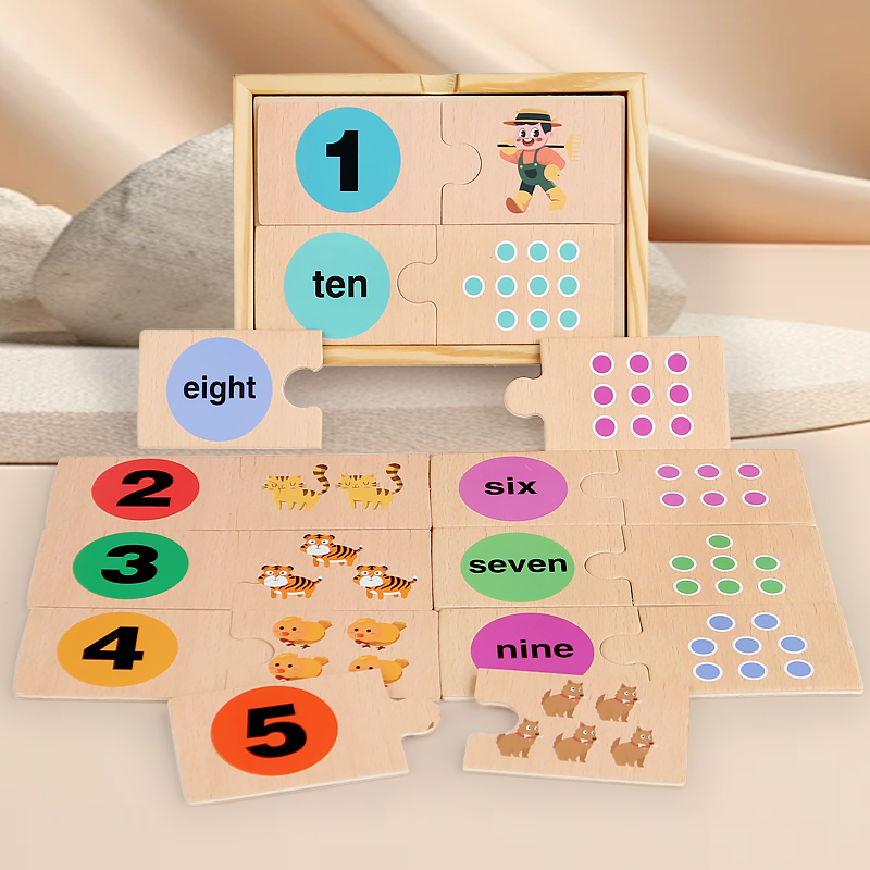 Children's wooden early education mathematics teaching AIDS English digital graphics cognition kindergarten baby enlightenment puzzle toy box number matching game details Picture
