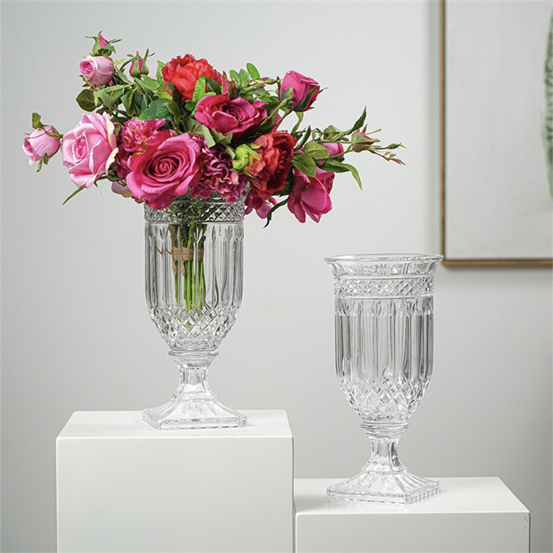 Yuxing Glass French Retro Relief Vase, Light luxury crystal Glass high-legged flower vase, fresh flower arrangement vessel, hydroponic lily and rose vase ornament details Picture