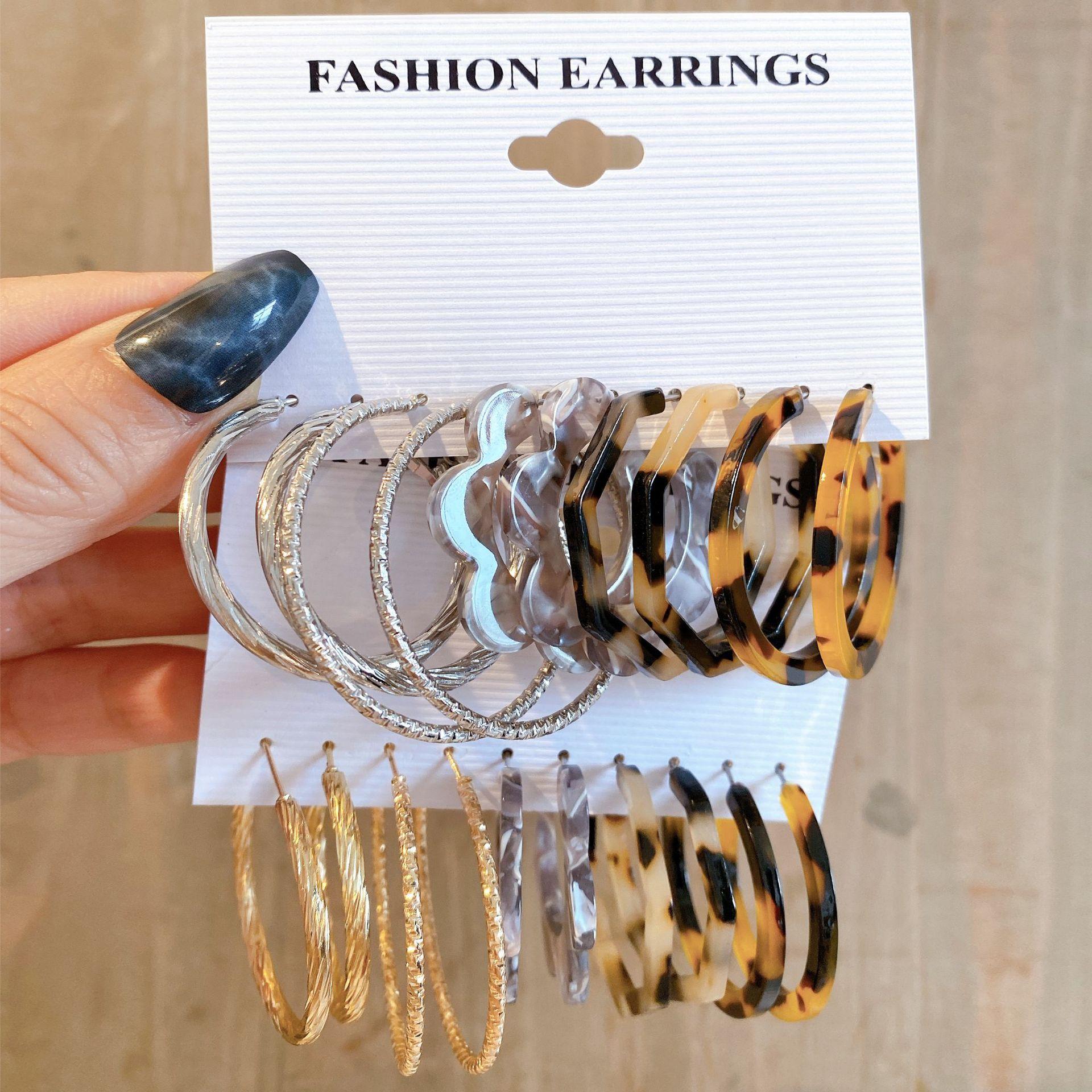 Cross-Border New Arrival Vintage Earrings Suit 5 Pairs of Creative Personality Leopard Flower C- Shaped Earrings Silver Ear Ring full figure