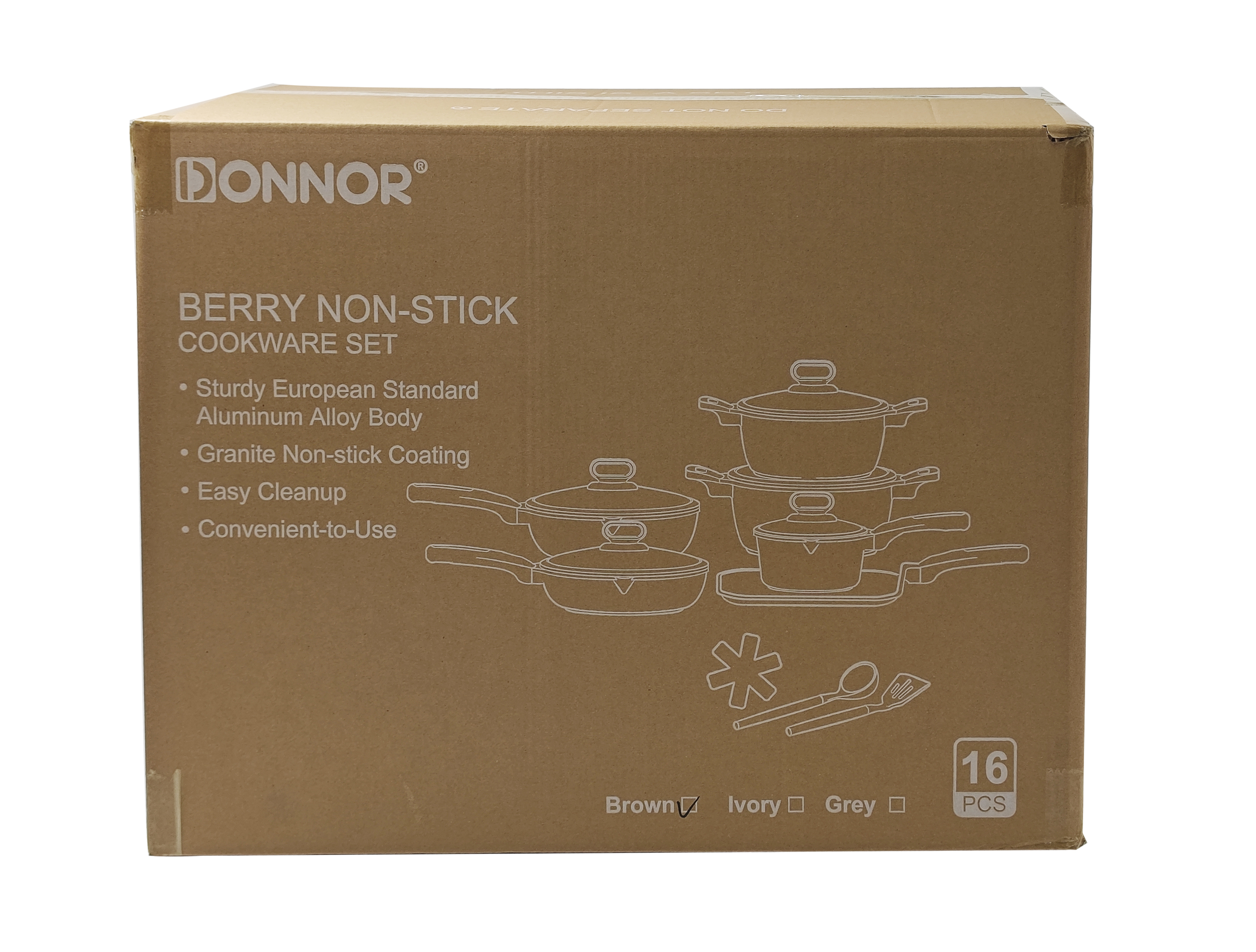 The Belli series 16-piece set 24/28 soup pot, 18 milk pot, 26 frying pan, 28 deep frying pan, 28 pizza pan, silicone spatula & spoon, bottom stacked, five-layer silver-embossed color box, brown, ivory, gray Item Picture