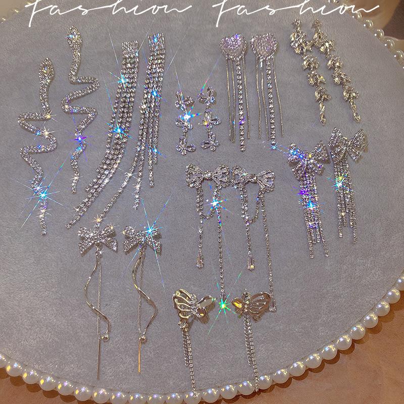 925 Silver Needle Long Fringe Earrings High-Grade Diamond-Embedded Light Luxury Temperament Ear Rings European and American Internet Hot Hot Specification drawing