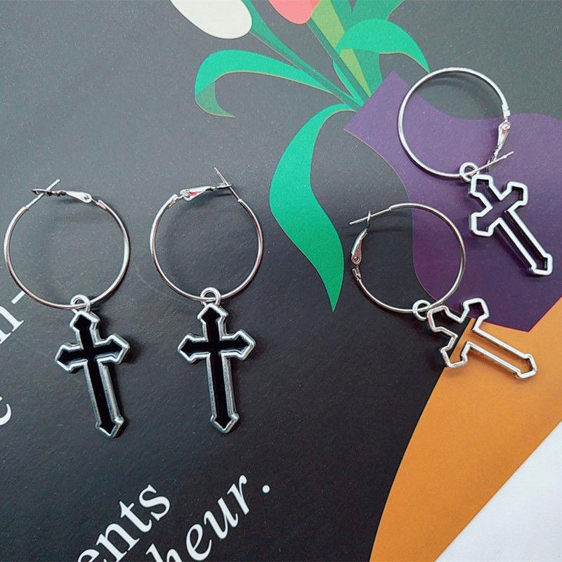 European and American Metal Hip Hop Black Hollow Cross Earrings Street Style Female Korean Fashion Cool Ear Ring Jewelry details Picture