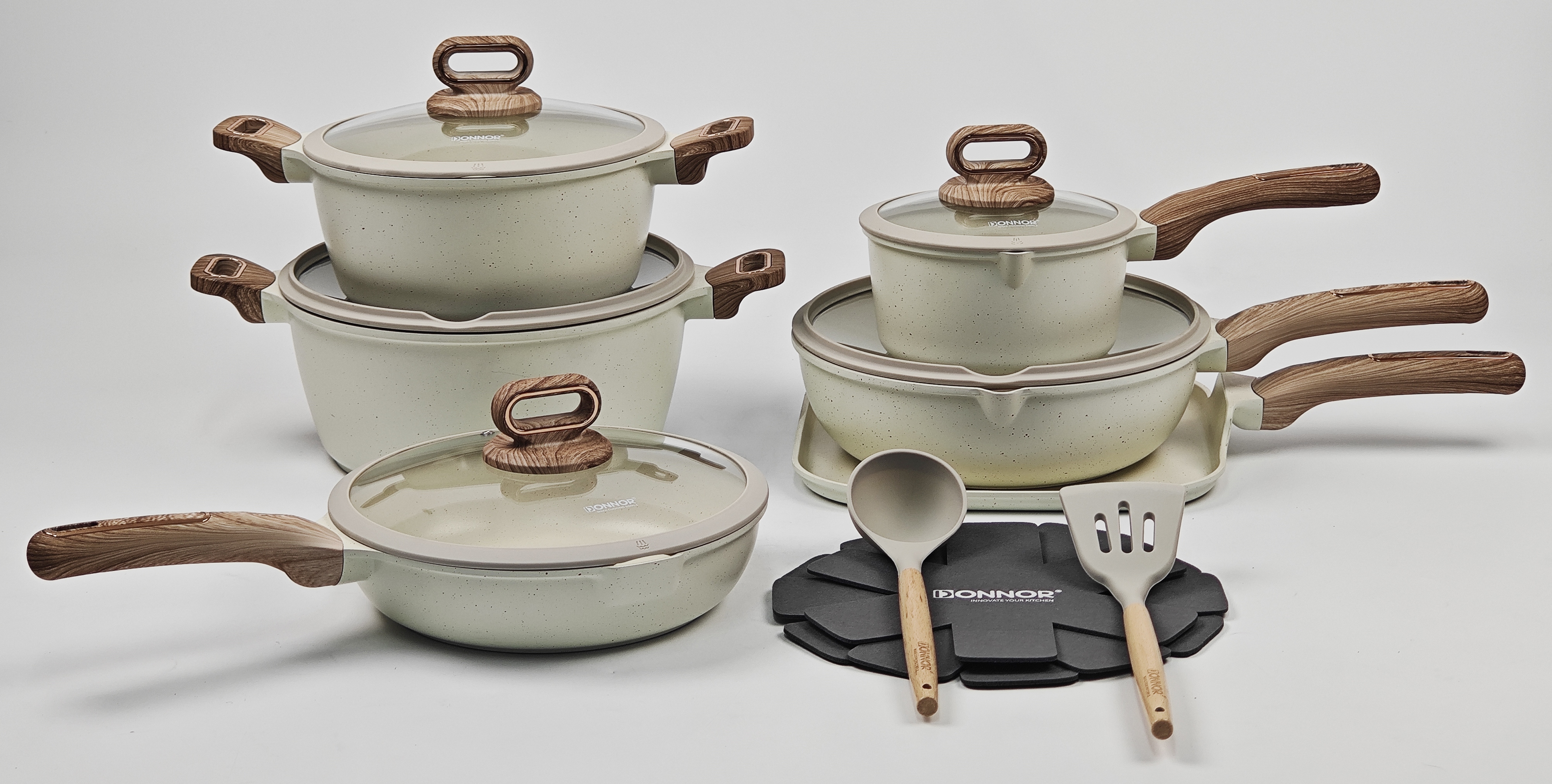 The Belli series 16-piece set 24/28 soup pot, 18 milk pot, 26 frying pan, 28 deep frying pan, 28 pizza pan, silicone spatula & spoon, bottom stacked, five-layer silver-embossed color box, brown, ivory, gray details Picture