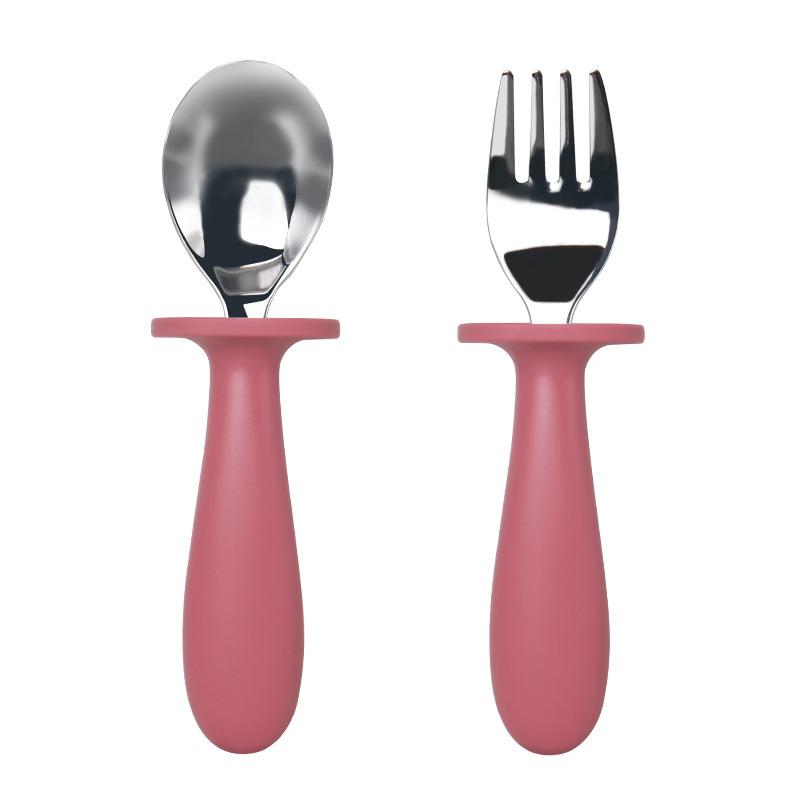 baby silicone short handle 304 spoon and fork set pedology eating training spoon edible silicon food supplement spoon