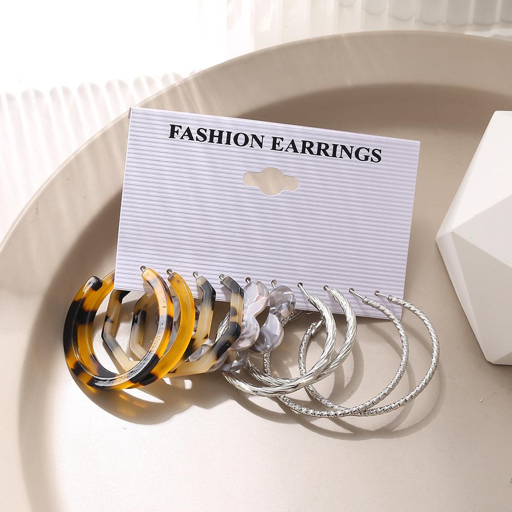 Cross-Border New Arrival Vintage Earrings Suit 5 Pairs of Creative Personality Leopard Flower C- Shaped Earrings Silver Ear Ring Specification drawing
