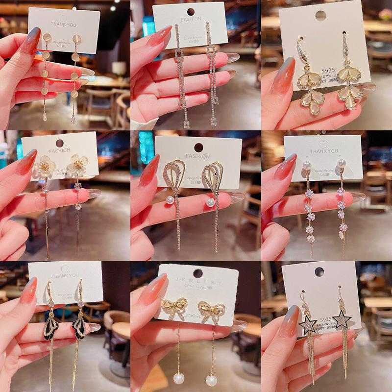 korean style long fringed pearl earrings sterling silver needle all-matching graceful dongdaemun ear rings internet hot earrings details Picture