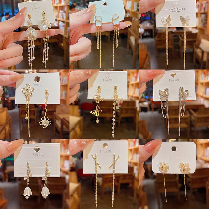 korean style long fringed pearl earrings sterling silver needle all-matching graceful dongdaemun ear rings internet hot earrings full figure