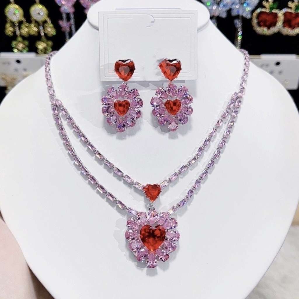 时尚潮流奢华高级感锆石项链耳环套装粉色海洋之心项链详情图2