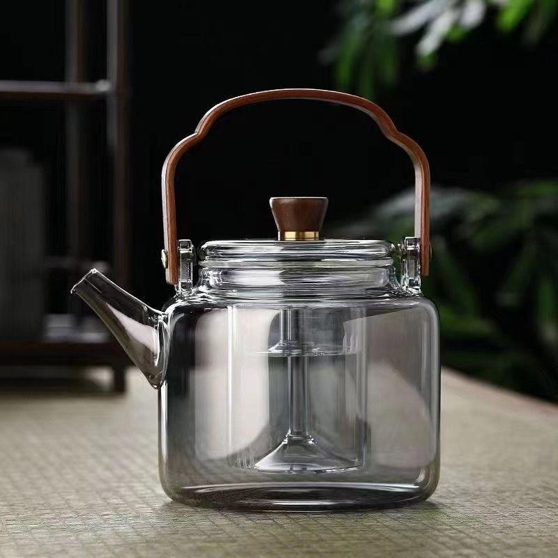 borosilicate glass teapot walnut smoke gray loop-handled teapot teapot double liner teapot glass bottle