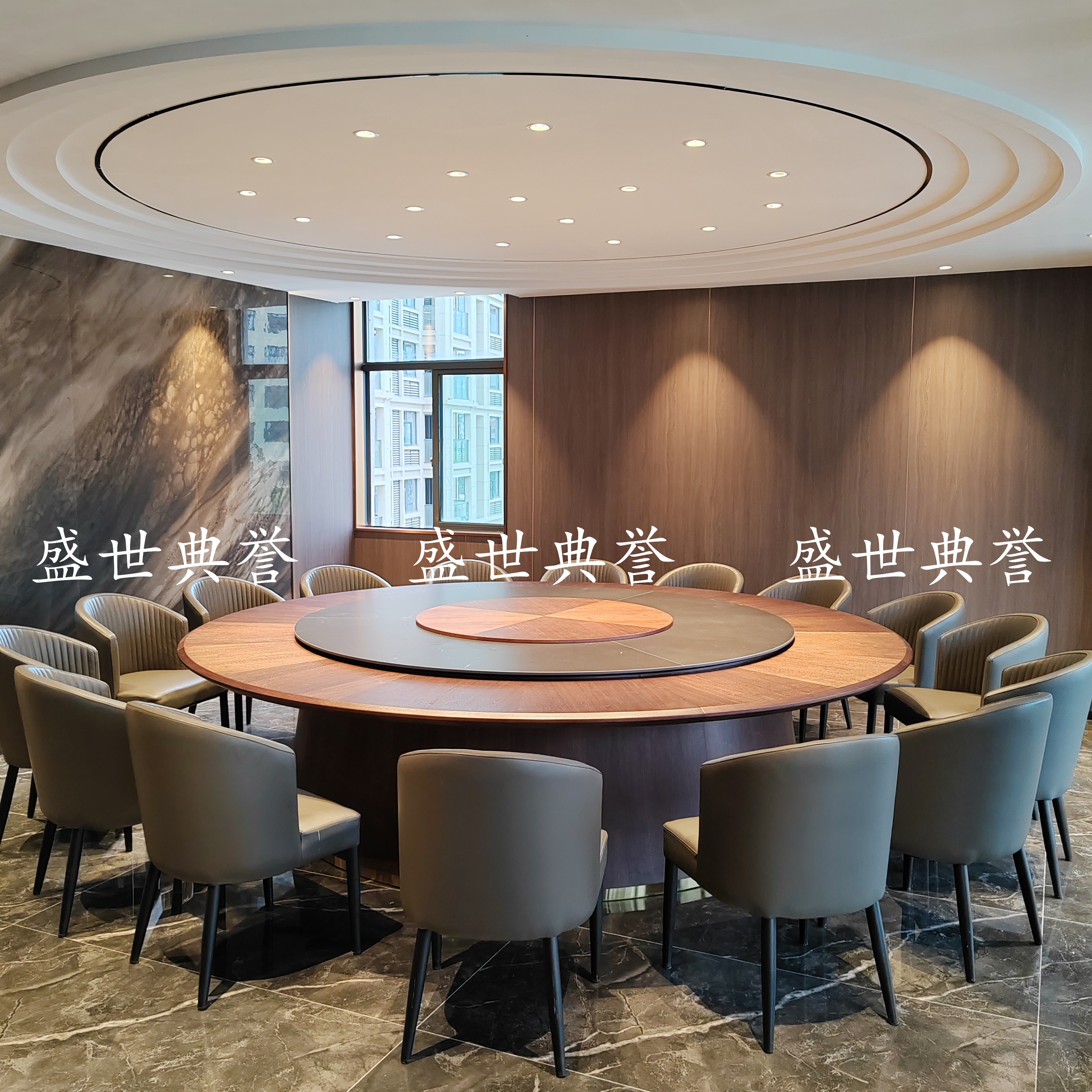 佛山国际酒店实木电动餐桌椅海鲜餐厅包厢自动转盘20人电动大圆桌
