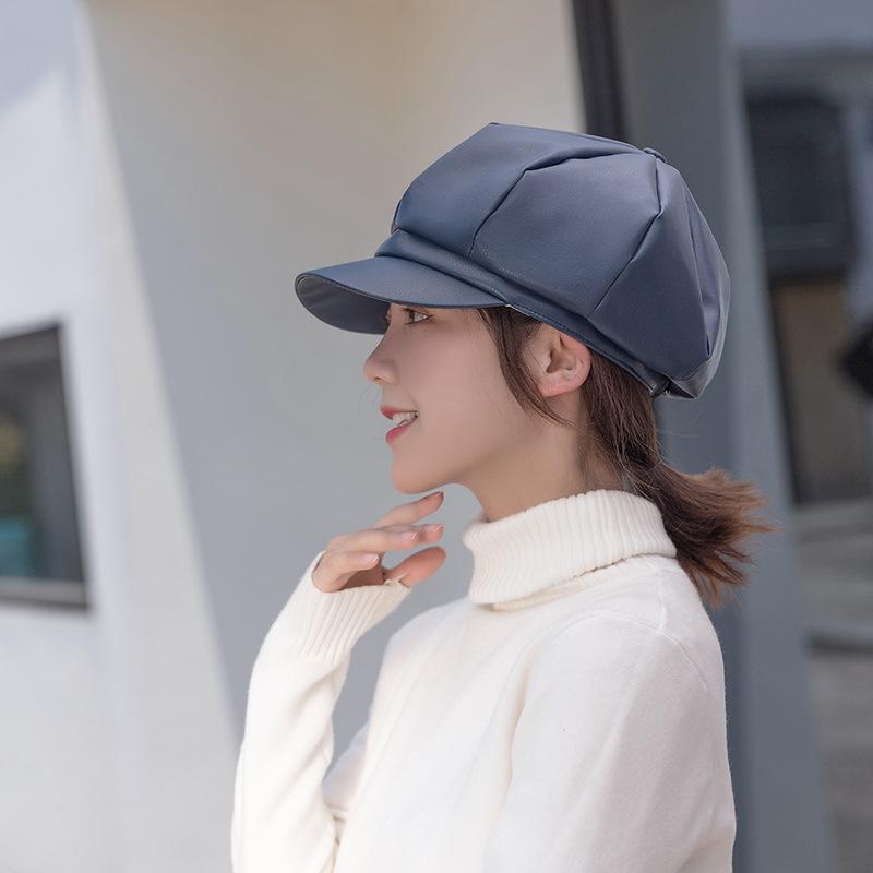 new arrival hot sale leather fashion trend monochrome lady beret flat brim tall crown lady octagonal cap factory wholesale Application Scenario