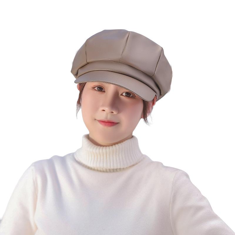 new arrival hot sale leather fashion trend monochrome lady beret flat brim tall crown lady octagonal cap factory wholesale Item Picture