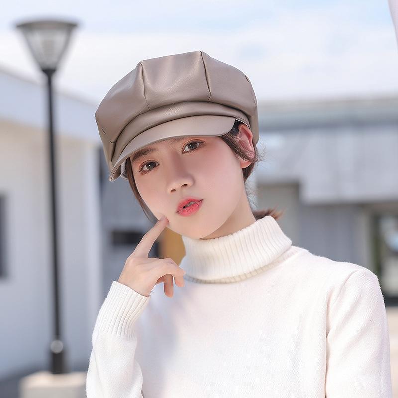 new arrival hot sale leather fashion trend monochrome lady beret flat brim tall crown lady octagonal cap factory wholesale Specification drawing