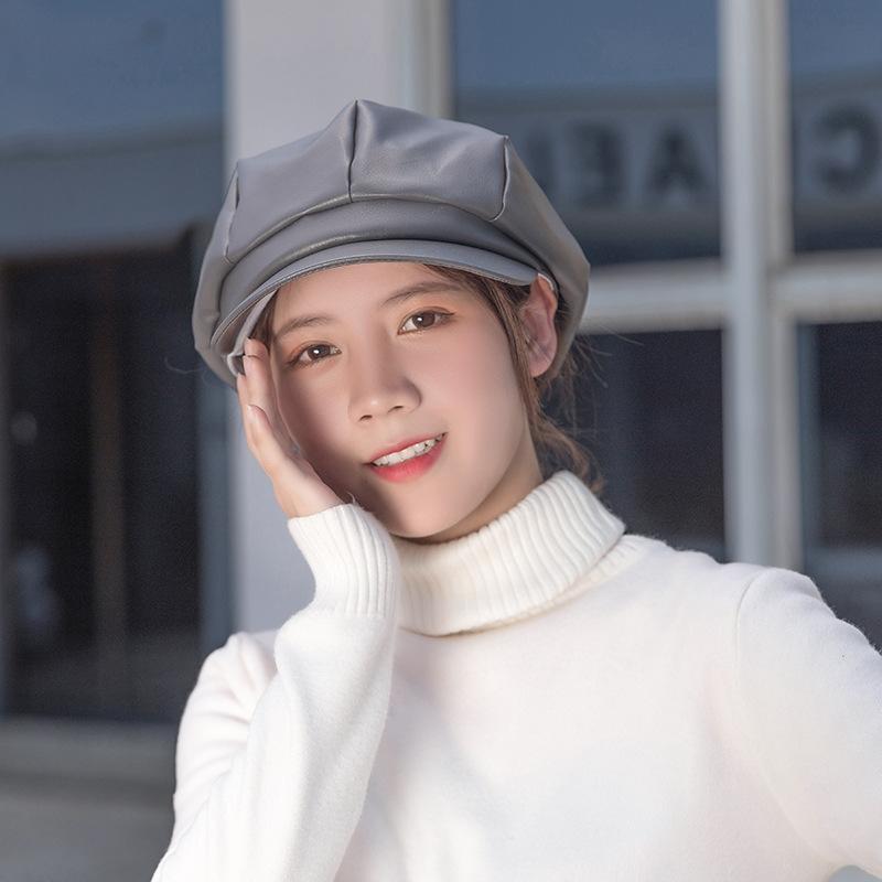 new arrival hot sale leather fashion trend monochrome lady beret flat brim tall crown lady octagonal cap factory wholesale details Picture