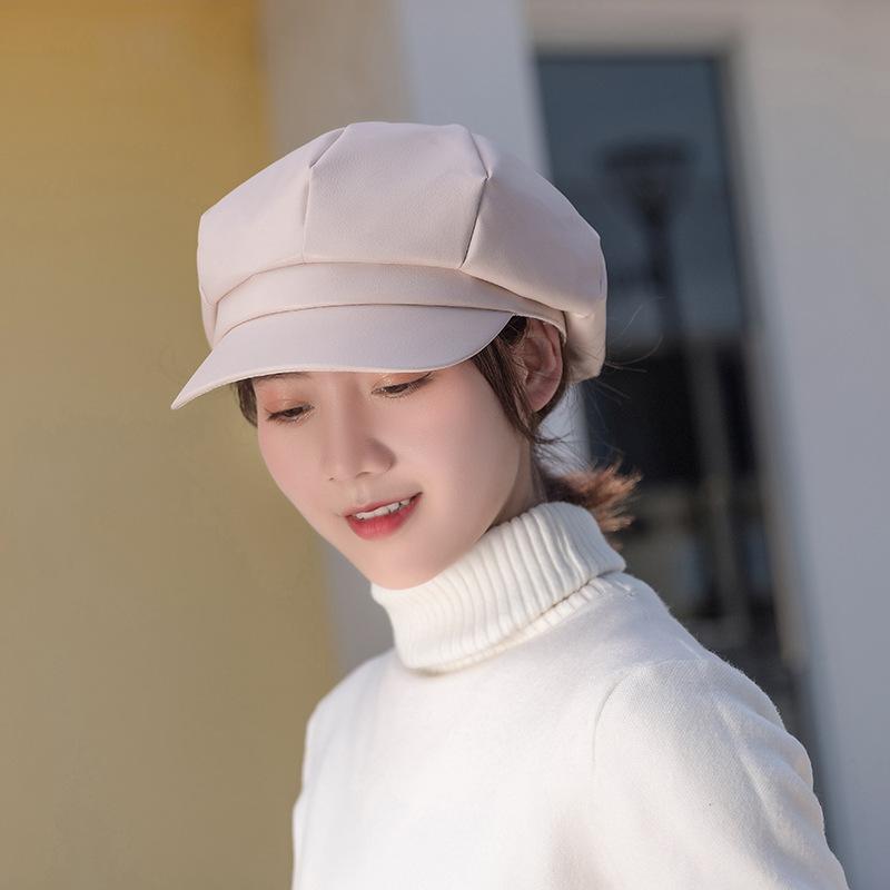 new arrival hot sale leather fashion trend monochrome lady beret flat brim tall crown lady octagonal cap factory wholesale full figure