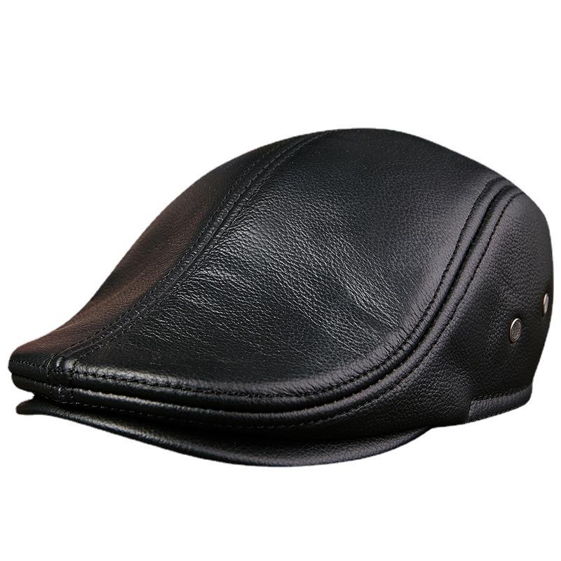 middle-aged and elderly autumn and winter genuine leather peaked cap men's fashionable warm advance cowhide hat thickened beret wholesale Item Picture