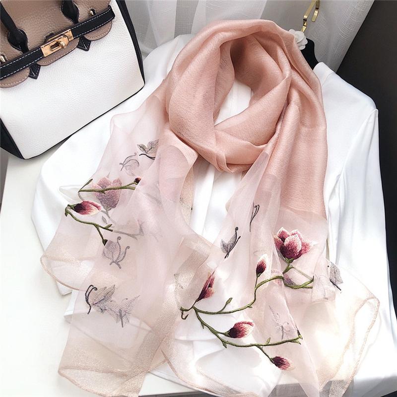2023 new silk wool scarf travel sun protection embroidered gauze patchwork color embroidery mulberry silk scarf wholesale full figure