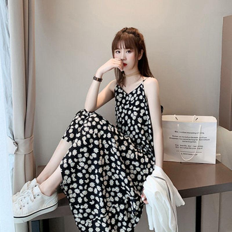 2024 little daisy floral chiffon dress fairy slimming skirt super mori french strap girls' dress