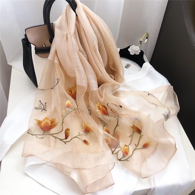 2023 new silk wool scarf travel sun protection embroidered gauze patchwork color embroidery mulberry silk scarf wholesale details Picture