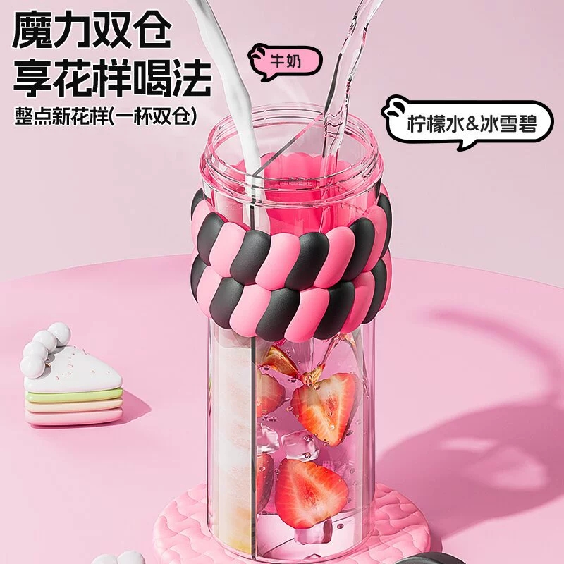 O17-XMS-0789 Dual-drinking dual-compartment cartoon student Cute Plastic Cup Creative Girls' High School Appearance Level Straw Water cup detail image 6