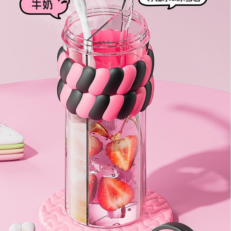 O17-XMS-0789 Dual-drinking dual-compartment cartoon student Cute Plastic Cup Creative Girls' High School Appearance Level Straw Water cup details Picture