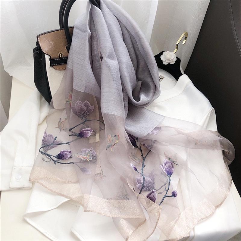 2023 new silk wool scarf travel sun protection embroidered gauze patchwork color embroidery mulberry silk scarf wholesale Item Picture