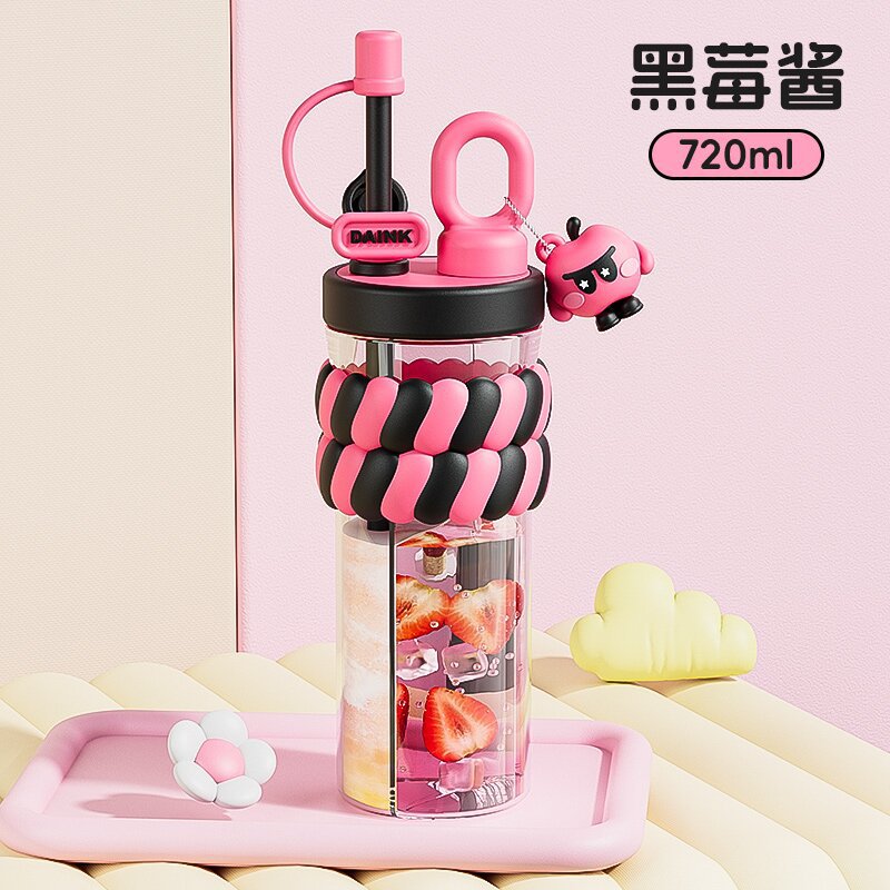 O17-XMS-0789 Dual-drinking dual-compartment cartoon student Cute Plastic Cup Creative Girls' High School Appearance Level Straw Water cup Specification image