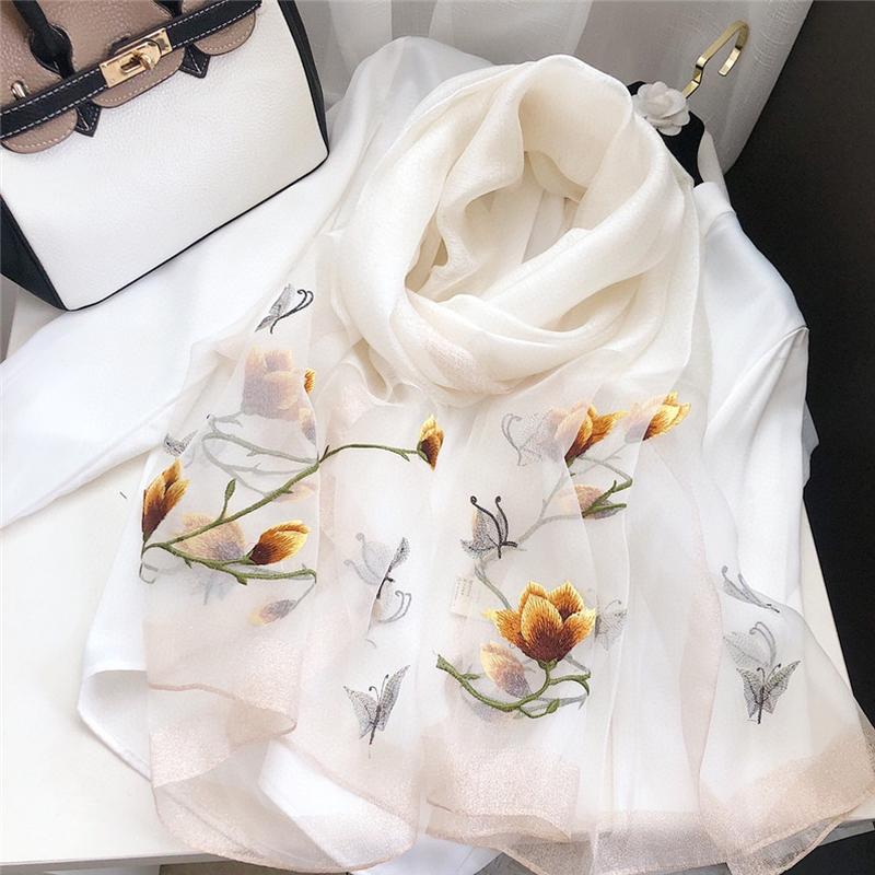 2023 new silk wool scarf travel sun protection embroidered gauze patchwork color embroidery mulberry silk scarf wholesale Specification drawing