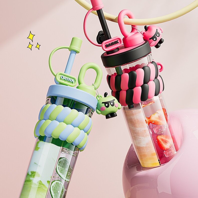 O17-XMS-0789 Dual-drinking dual-compartment cartoon student Cute Plastic Cup Creative Girls' High School Appearance Level Straw Water cup
