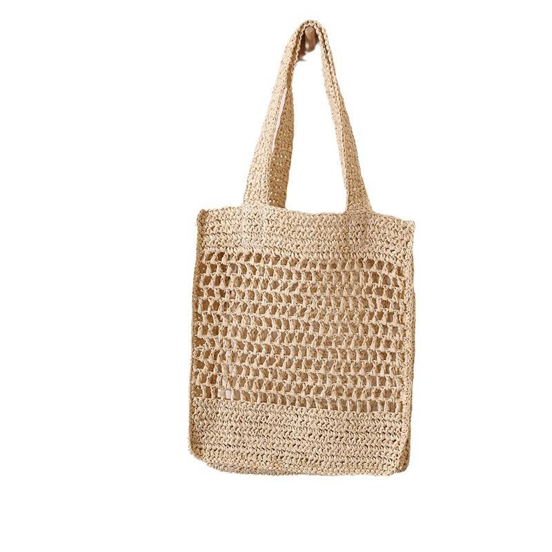 solid color hollow shoulder straw bag new korean style ins woven tote fishing net bag seaside vacation beach bag Item Picture