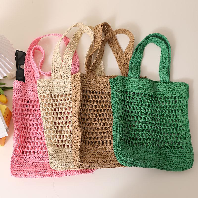 solid color hollow shoulder straw bag new korean style ins woven tote fishing net bag seaside vacation beach bag full figure