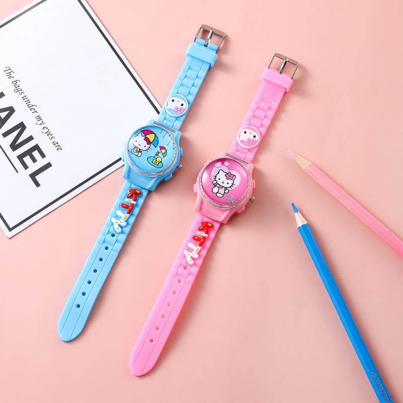 Spot Hello Kitty Flip Rotatable Children's Watch Sanrio Hello Kitty Decompression Cute Men's and Women's Watch for Young Students