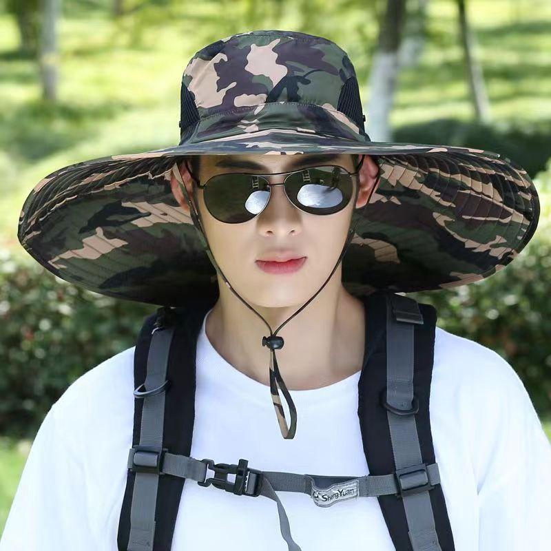 Summer Men's Hat Outdoor Sun Hat 15cm Big Brim Fishing Hat Sun Protection Hat Mountaineering Sun Hat Foldable Snap Button Item Picture