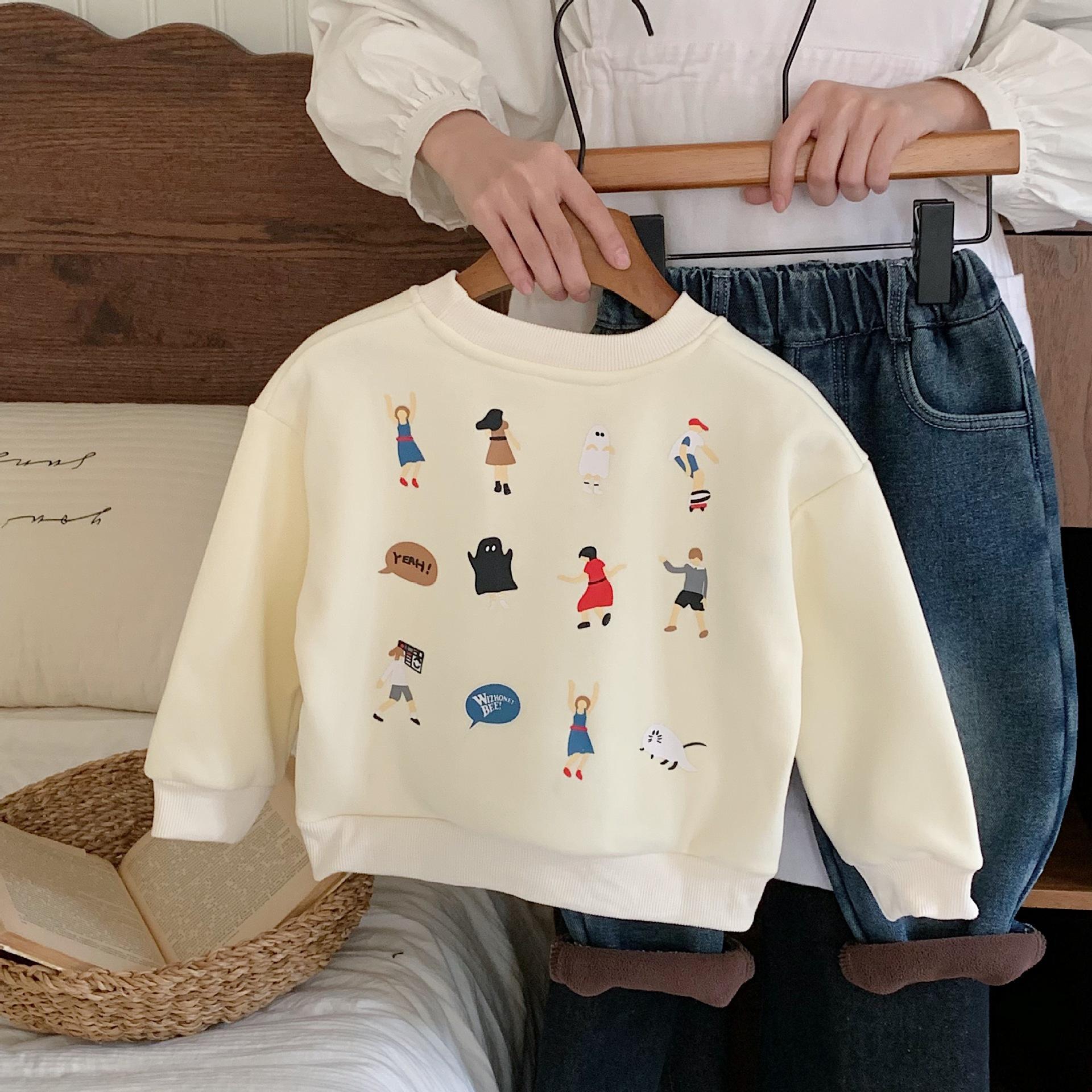 boy's hoody autumn and winter 2024 new children's clothing round-neck with fleece lining baby boys' fashion trendy cool jeans suit korean style full figure