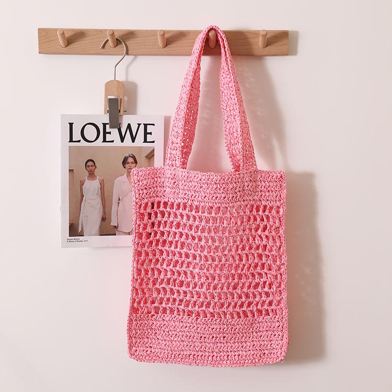 solid color hollow shoulder straw bag new korean style ins woven tote fishing net bag seaside vacation beach bag details Picture