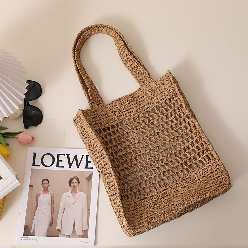 solid color hollow shoulder straw bag new korean style ins woven tote fishing net bag seaside vacation beach bag Application Scenario