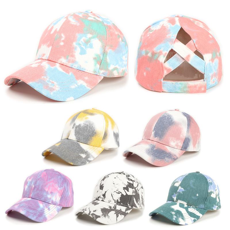 Foreign Trade Popular Style Hat Tie-Dye Open Cross Cap with Hair Extensions Color Graffiti Sun-Proof Peaked Cap Baseball Cap for Women full figure
