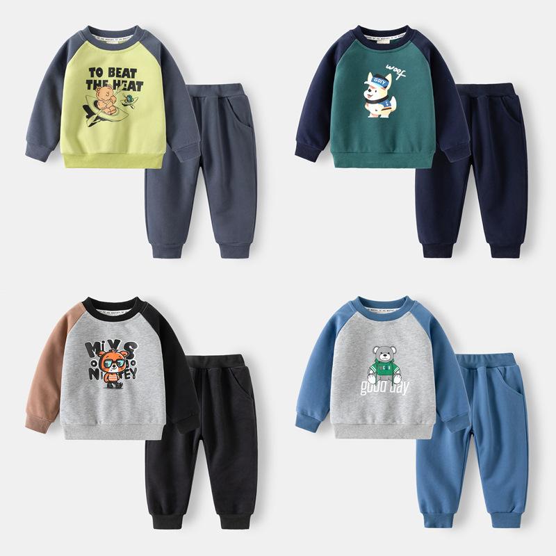 wapypy children's clothing 2024 new version suit boy's hoody sports pants two-piece set baby cartoon pullover wholesale full figure