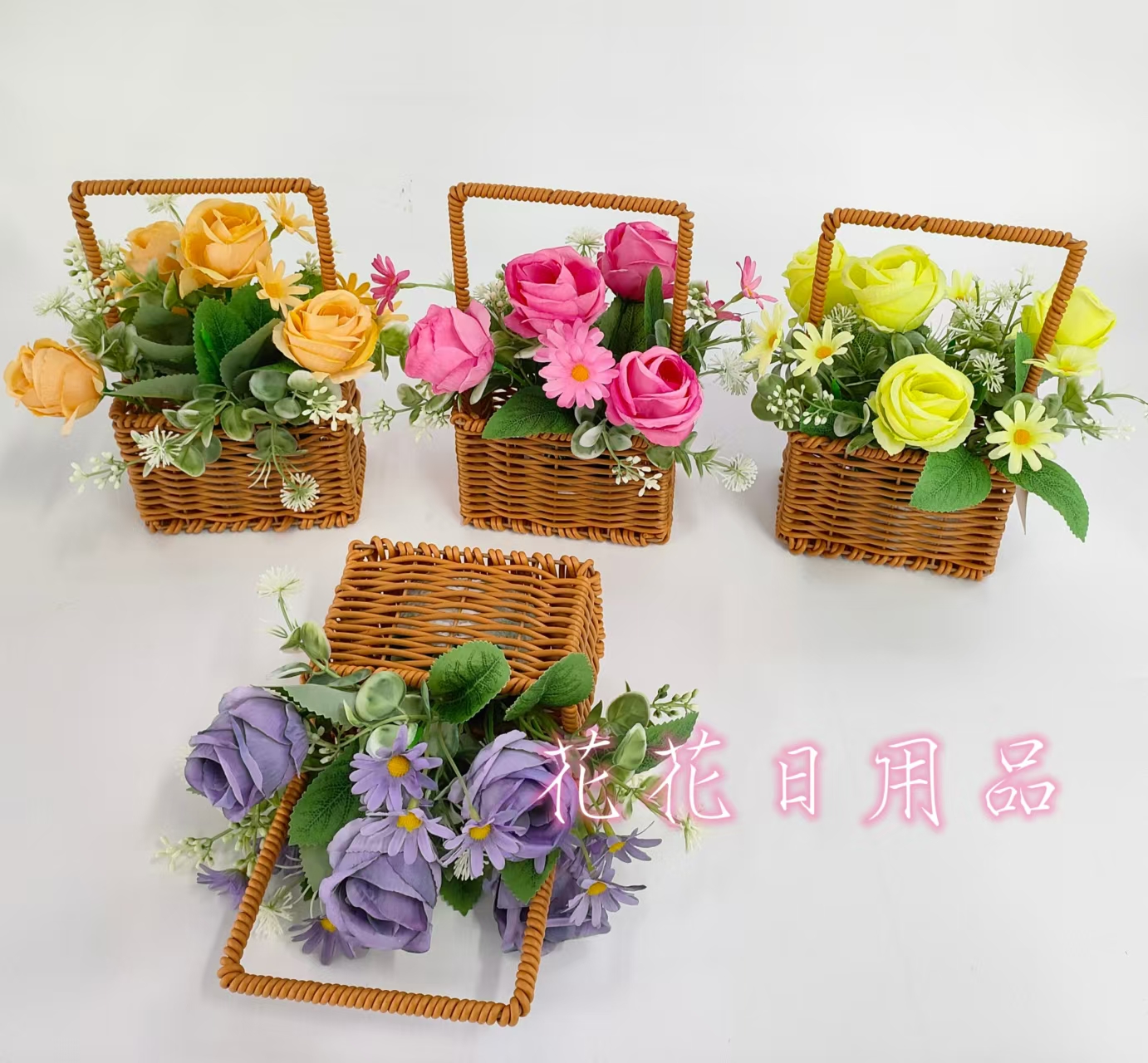 仿真花假花盆景竹篮盆子玫瑰花壁挂装饰品