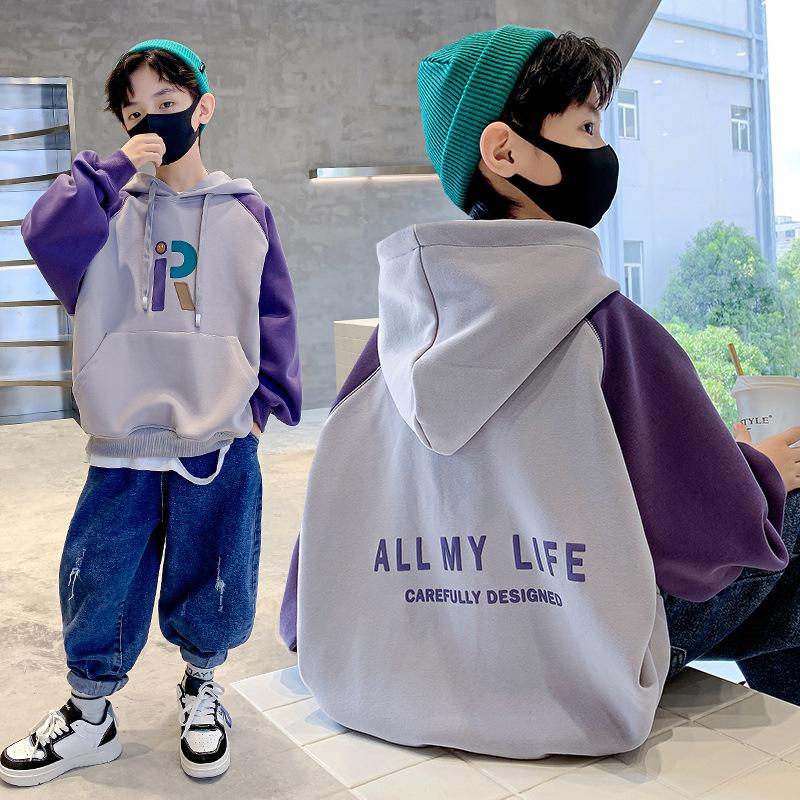 Boy's Hoody Hooded Embroidered Pure Cotton 2022 Autumn New Medium and Big Boys Hooded Sweater Trendy All-Matching Item Picture