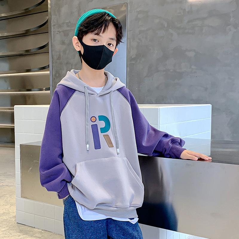 Boy's Hoody Hooded Embroidered Pure Cotton 2022 Autumn New Medium and Big Boys Hooded Sweater Trendy All-Matching Specification drawing