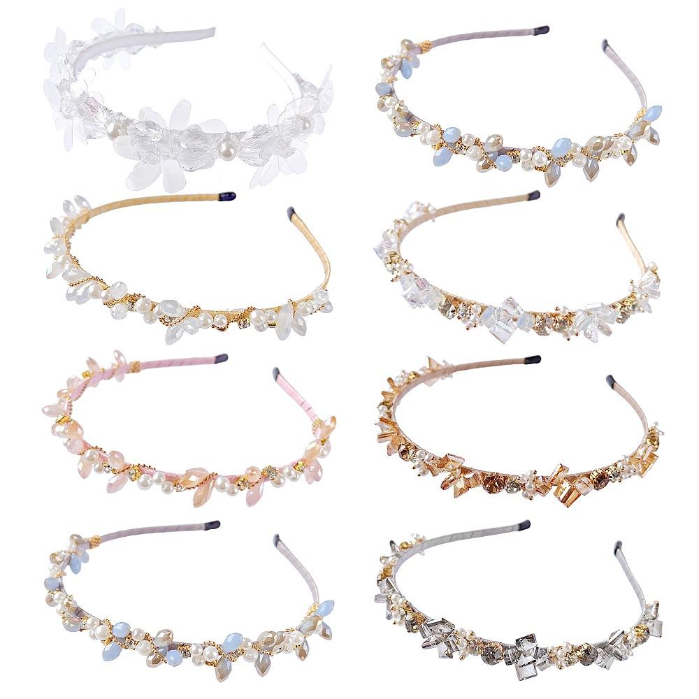 french retro stylish hair accessories women's rhinestone pearl headband rhinestone versatile headband fishing line hand-woven headband full figure