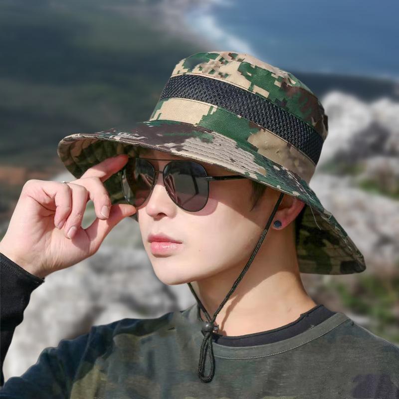 Fisherman Hat Men's Summer Camoufge Buet Hat Mesh Cap Fishing Hat Outdoor Mountaineering Sun Protection Hat Sun Hat Sun Protection Hat Specification drawing