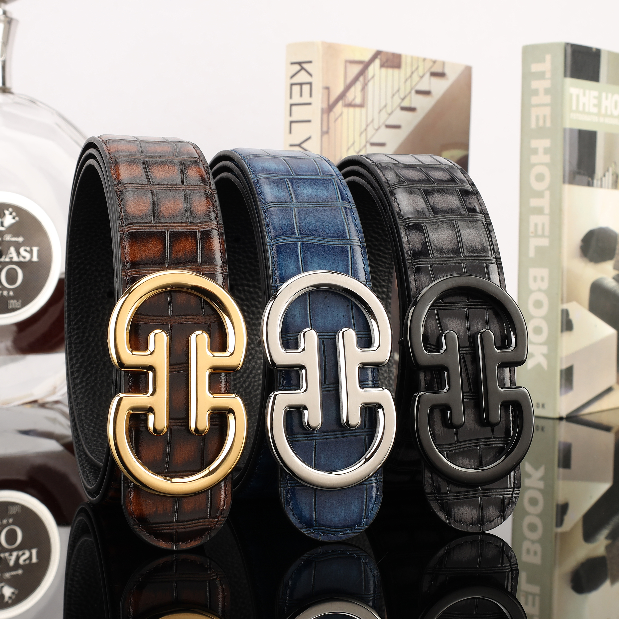 Guangzhou Men's First Layer Cowhide Crocodile Bamboo Knot Grain Head Layer Cowhide Belt Manufacturers Straight Hair