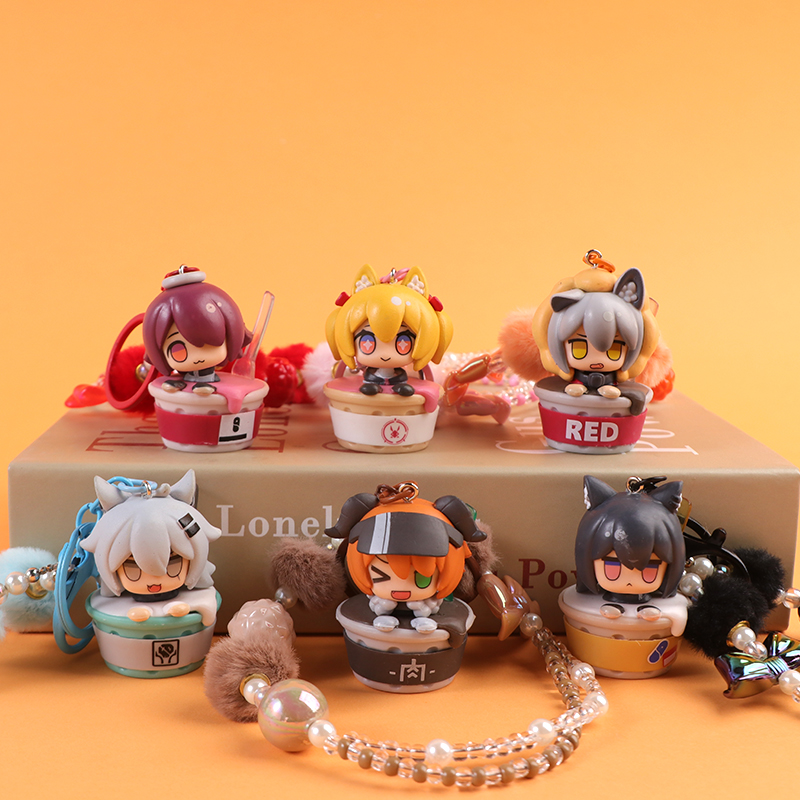 "Arknights pajama figurines, 6 trendy keychains, new cartoon car key chains, bags, small pendants, figurines, anime. Specification image