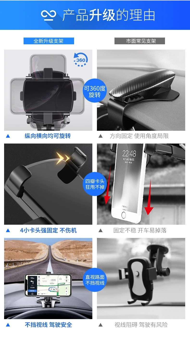 车载手机支架工厂直批仪表台后视镜导航多功能旋转式手机支架详情5