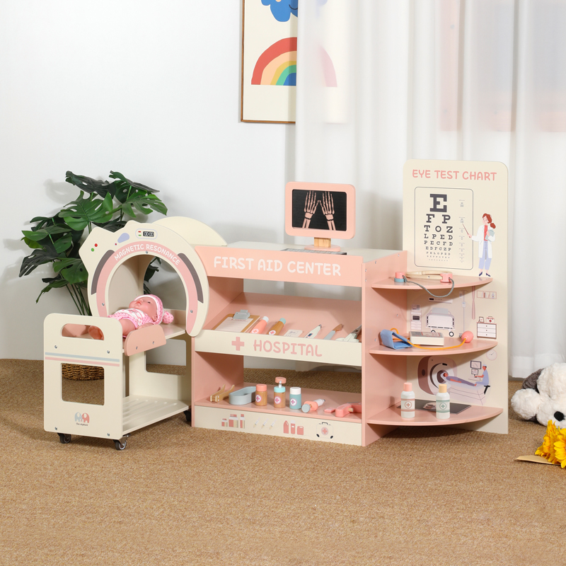 Wooden family combination hospital Children's simulation hospital nurse toy set kindergarten living area arranged a family role play emergency center full figure
