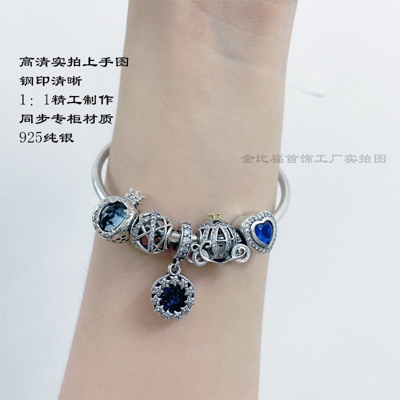 pandora s925 sterling silver beads blue series ocean heart bracelet hanging string beads necklace diy accessories details Picture