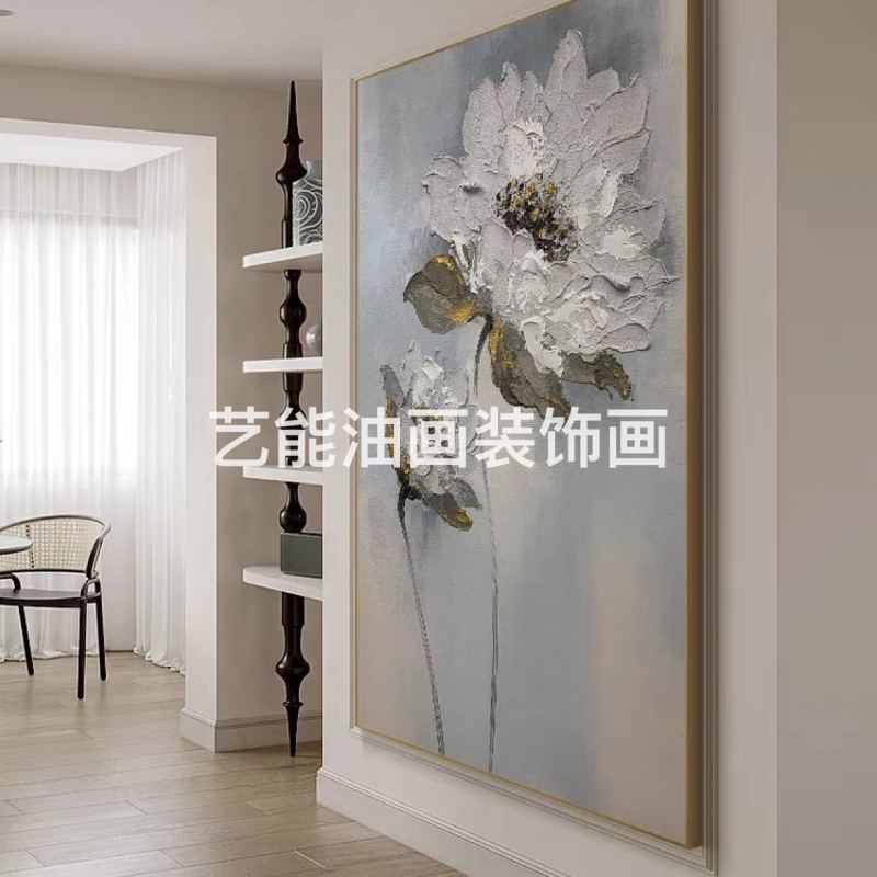 手绘油画玄关走廊装饰画双花玄幻挂画竖版轻奢北欧壁画美高级酒店房间手绘油画详情2